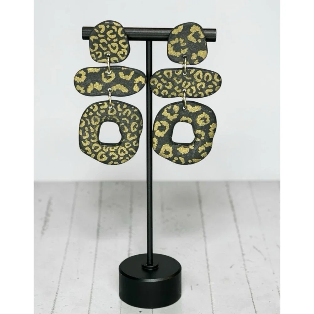 Polymer Clay Dangle Earrings Large Black & Gold Animal Print Handmade SS Posts